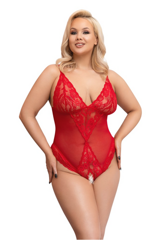 Crotchless Transparent Red Bodysuit with Lace