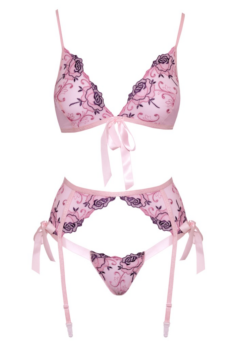 Black and Pink Roses Lingerie Set Evening Bloom Sexy Women
