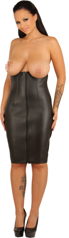 Black Leather Skirt, Zipper in Front, Open Back, Adjustable Straps