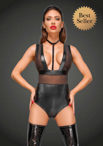 F183 Powerwetlook body with wide straps, tulle inserts and velvet choker