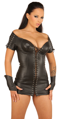 Black Leather Dress, Lace-Up Front & Sleeves, Zipper Back