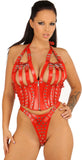 Corset/Harness, Red Leather, Studded, Front Zipper, Matching Thong