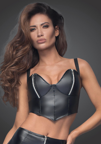 F165 Powerwetlook top with silver zippers on breast
