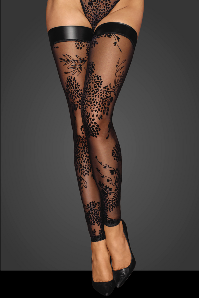Tulle stockings with patterned flock embroidery and Powerwetlook