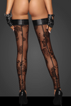 Tulle stockings with patterned flock embroidery and Powerwetlook band at the top.