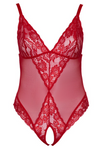 Crotchless Transparent Red Bodysuit with Lace