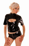 Collared Latex Short Sleeved Top with Peek-A-Boo Cleavage